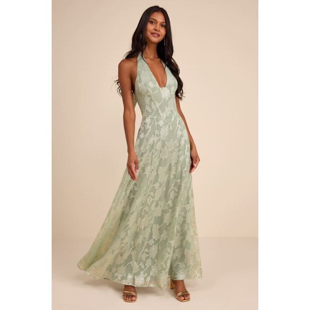 Lulus Maira Sage Floral Burnout Halter Maxi Dress Green - Size XL
